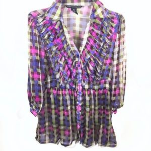 Sheer geometric blouse with frills